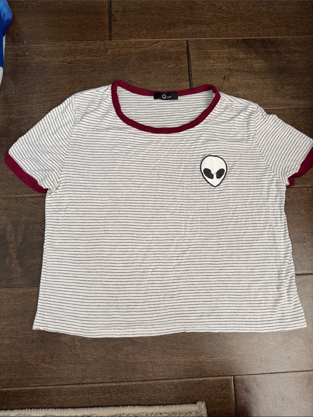 Q LUV Striped Alien Ringer Tee in White and Burgundy